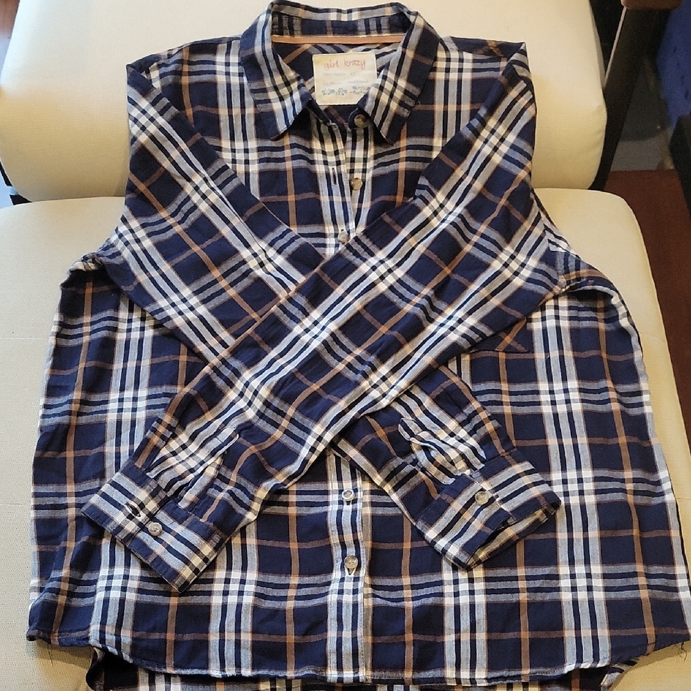 Girl Krazy Navy and Tan Plaid Shirt